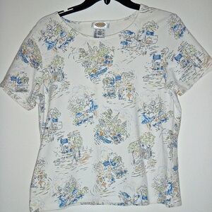 TALBOTS WOMEN'S VINTAGE STRETCH SHORT SLEEVED SHIRT CAFE & CITY SCENES SIZE M